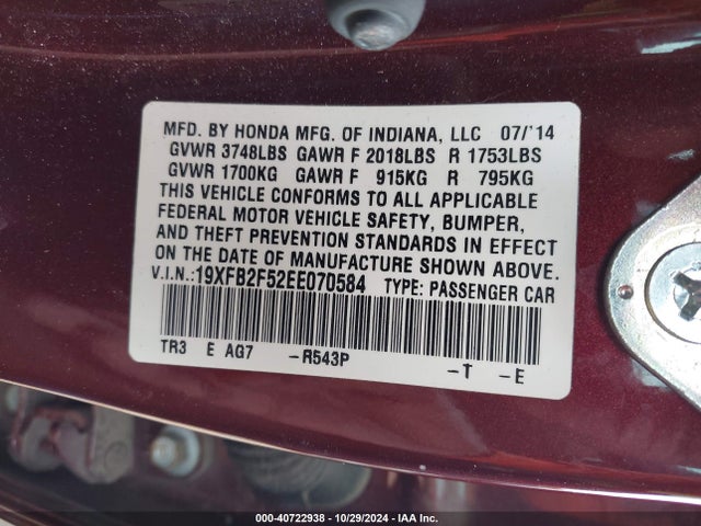 Honda Civic Lx 2014 19XFB2F52EE070584 Image 9