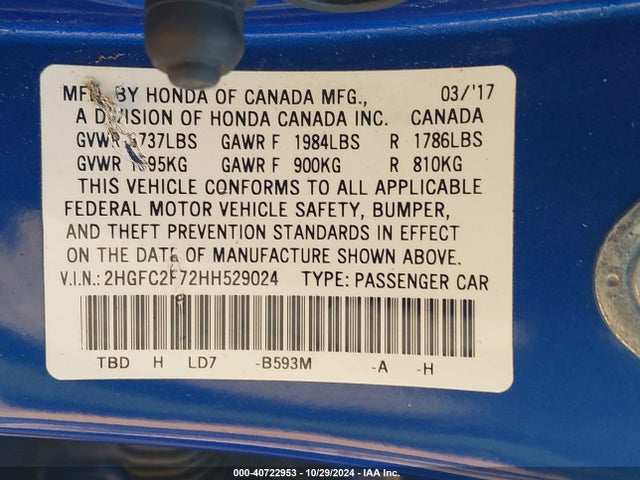 Honda CIVIC EX 2017 2HGFC2F72HH529024 Image 9