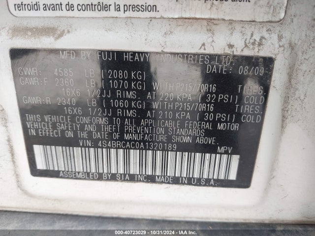 40723029 :رقم المزاد ، 4S4BRCAC0A1320189 vin ، 2010 Subaru Outback 2.5i مزاد بيع