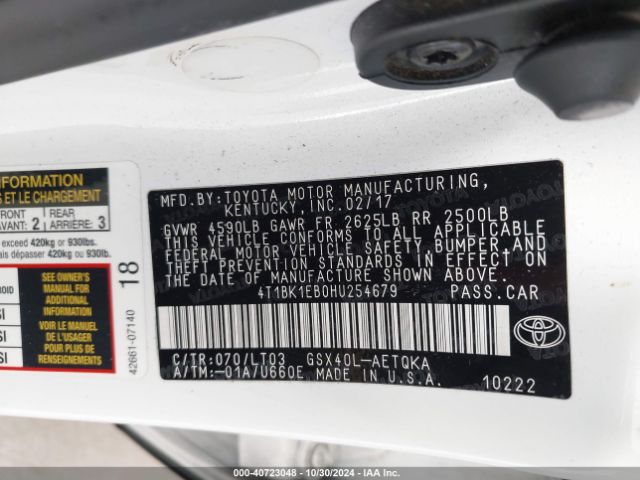 4T1BK1EB0HU254679 Toyota Avalon Touring