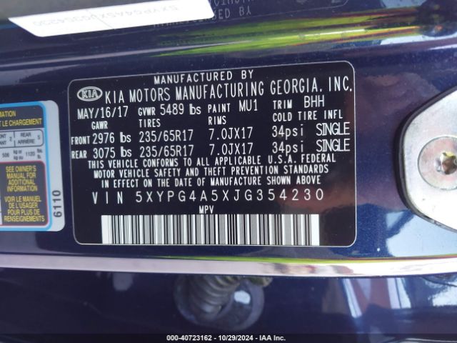 5XYPG4A5XJG354230 KIA Sorento 3.3l Lx