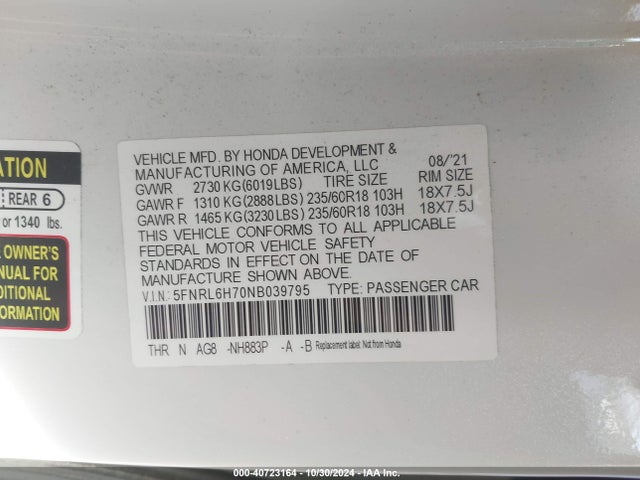 Honda Odyssey Ex-l 2022 5FNRL6H70NB039795 Image 9