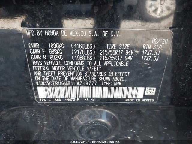 Honda Hr-v Awd Lx 2020 3CZRU6H31LM718777 Image 9