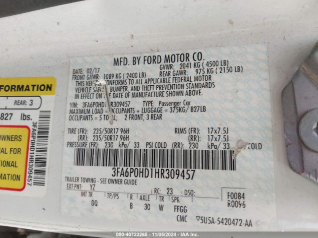 3FA6P0HD1HR309457 Ford FUSION SE