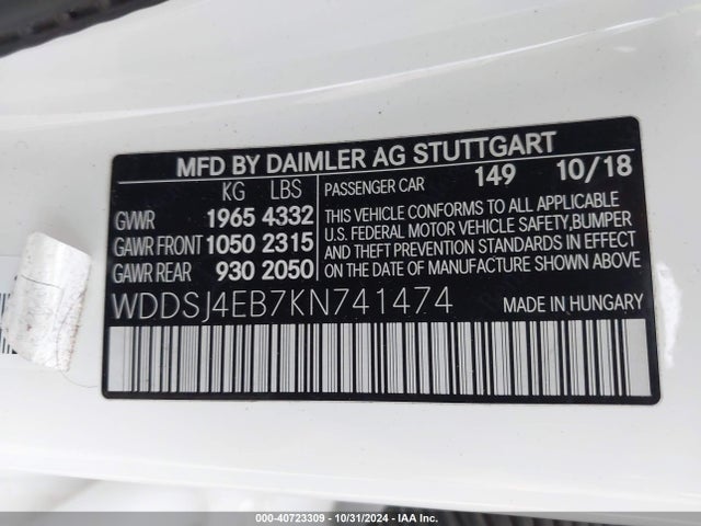 WDDSJ4EB7KN741474 Mercedes-Benz CLA 250