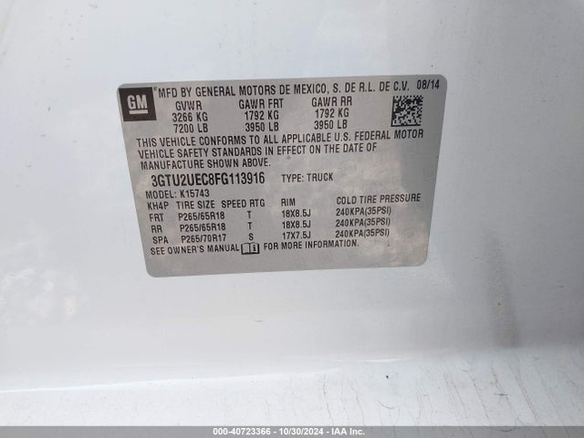 GMC Sierra 1500 Sle 2015 3GTU2UEC8FG113916 Image 9