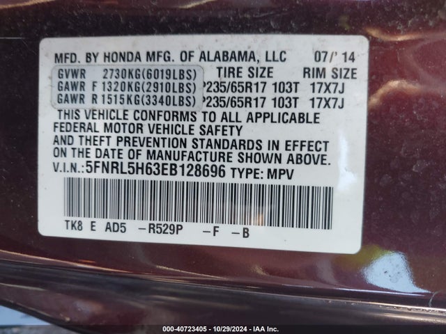 Honda Odyssey Ex-l 2014 5FNRL5H63EB128696 Image 9