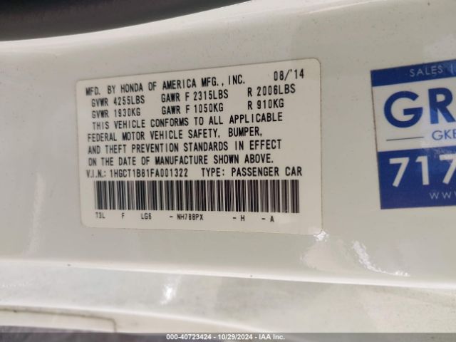 1HGCT1B81FA001322 Honda Accord Ex-l