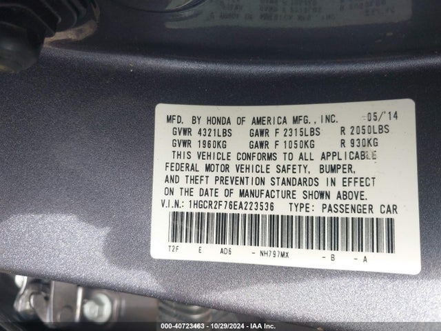 Honda ACCORD EX 2014 1HGCR2F76EA223536 Image 9