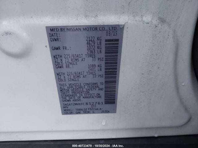 Nissan ROGUE SV 2015 5N1AT2MVXFC852761 Image 9