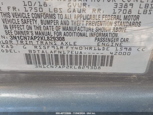 3N1CN7AP2KL829308 Nissan Versa 1.6 S