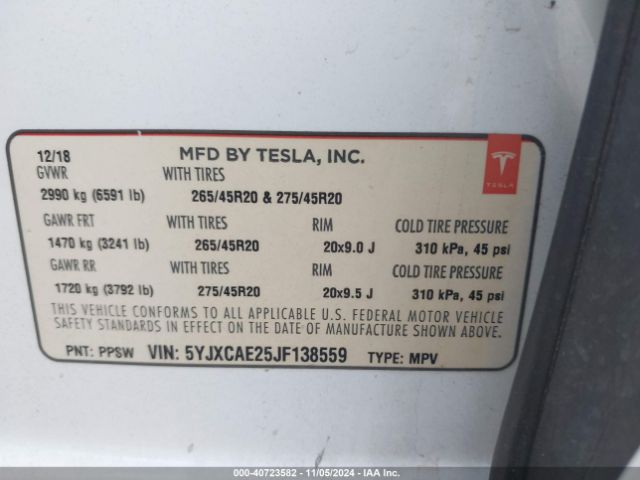 5YJXCAE25JF138559 Tesla Model X 100d/75d/p100d