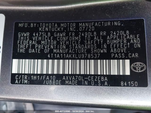 4T1A11AKXLU978537 Toyota CAMRY L