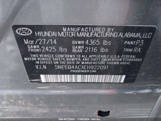 5NPEB4ACXEH922091 Hyundai SONATA GLS