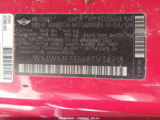 2008 MINI COOPER S WMWMF73568TV34918 Photo 8
