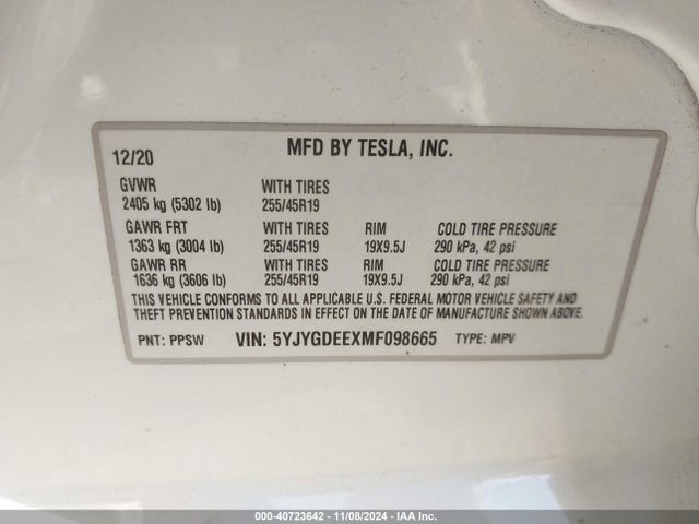 2021 TESLA MODEL Y 5YJYGDEEXMF098665 Photo 8