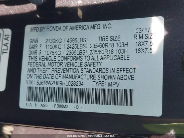 5J6RW2H89HL028234 Honda Cr-v Ex-l/ex-l Navi