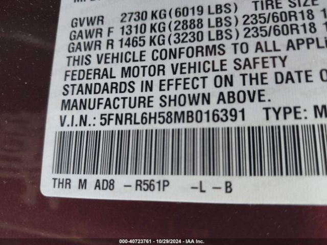 5FNRL6H58MB016391 Honda ODYSSEY EX