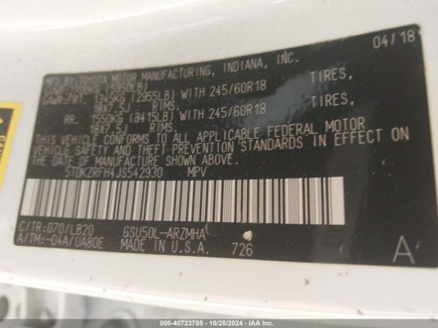 5TDKZRFH4JS542930 Toyota Highlander Xle