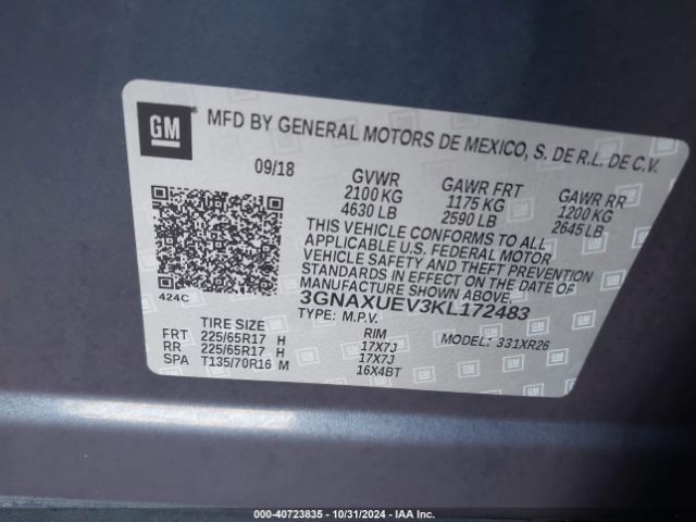 3GNAXUEV3KL172483 Chevrolet EQUINOX LT