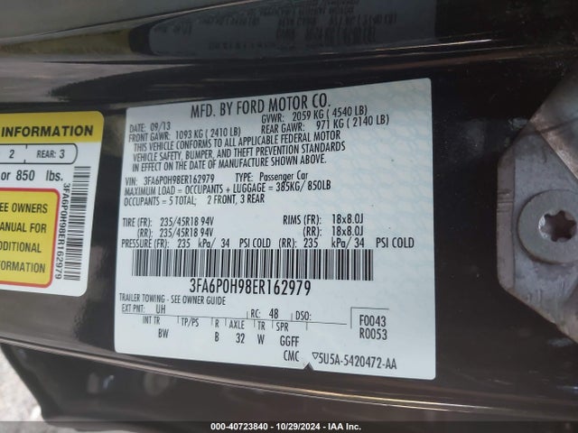 Ford FUSION SE 2014 3FA6P0H98ER162979 Image 9