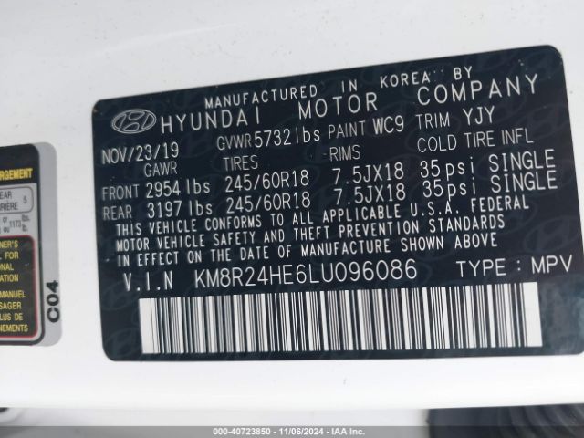 KM8R24HE6LU096086 Hyundai Palisade Sel