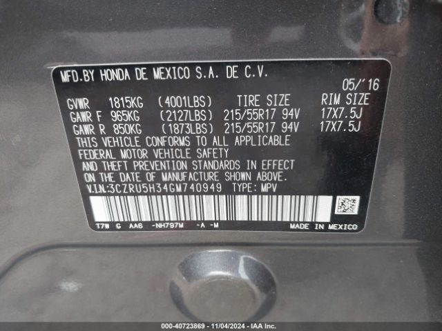 3CZRU5H34GM740949 Honda HR-V LX