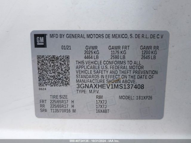 3GNAXHEV1MS137408 Chevrolet Equinox Fwd Ls