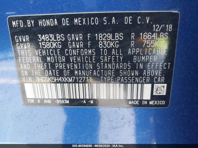 3HGGK5H4XKM712711 Honda FIT LX