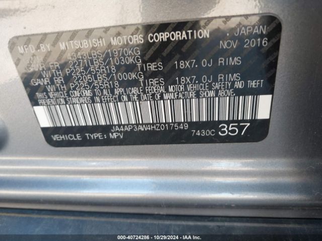 JA4AP3AW4HZ017549 Mitsubishi Outlander Sport 2.4 Se