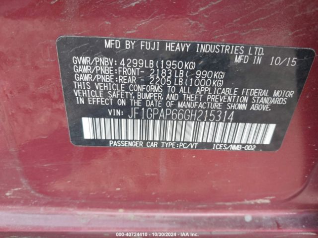 JF1GPAP66GH215314 Subaru Impreza 2.0i Sport Premium