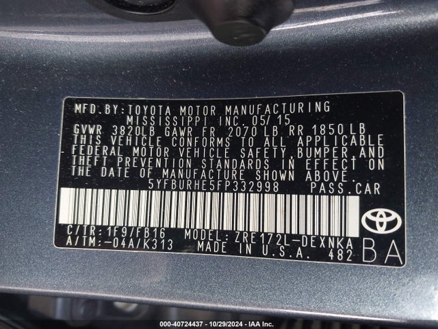 Toyota COROLLA LE 2015 5YFBURHE5FP332998 Image 9