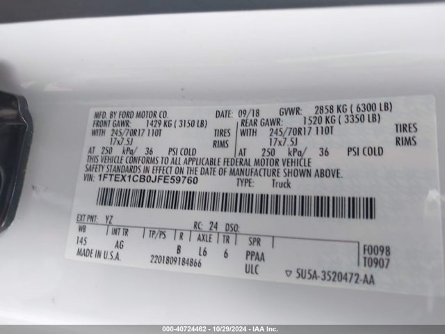 1FTEX1CB0JFE59760 Ford F-150 Xl