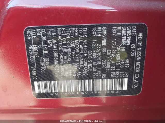 JN8AT3BB6MW203123 Nissan Rogue Sv Intelligent Awd