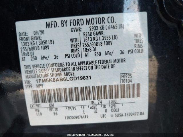 1FM5K8AB6LGD19831 Ford Police Interceptor Utility