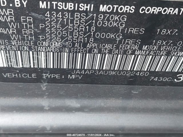 2019 MITSUBISHI OUTLANDER SPORT JA4AP3AU9KU022460 Photo 8