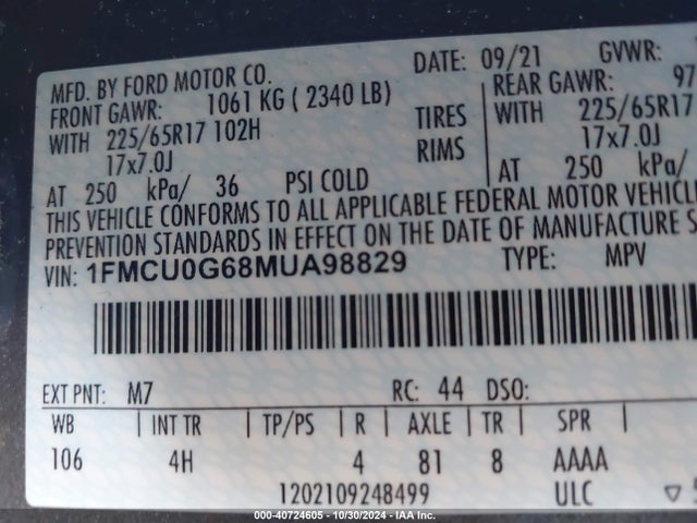 Ford ESCAPE SE 2021 1FMCU0G68MUA98829 Image 9