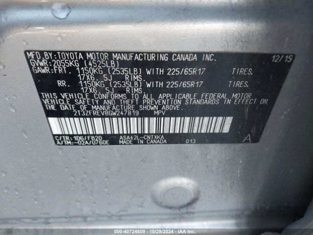 2T3ZFREV8GW247819 Toyota RAV4 LE