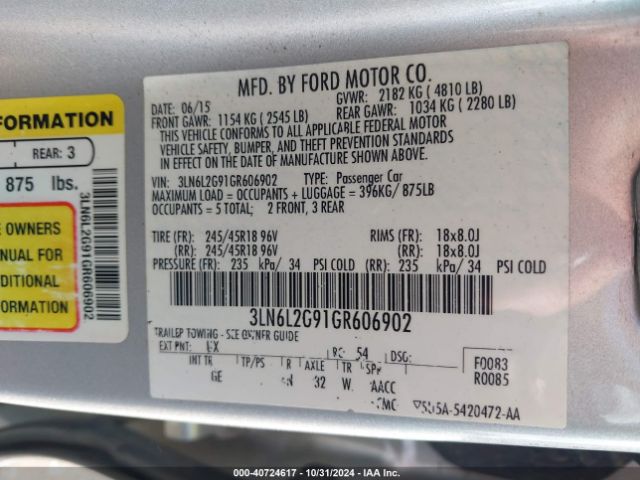 3LN6L2G91GR606902 Lincoln MKZ