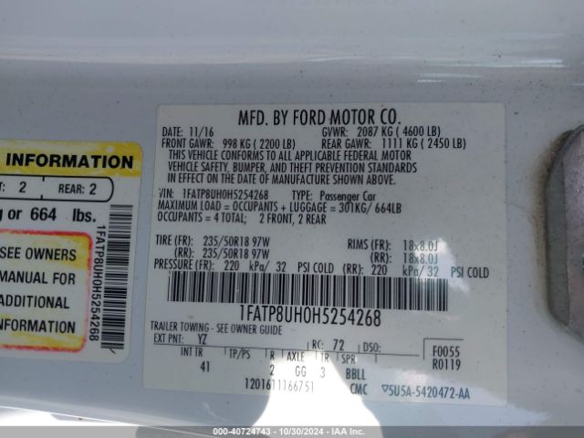 1FATP8UH0H5254268 Ford Mustang Ecoboost Premium