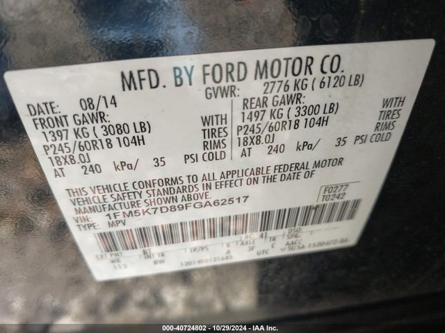 Ford EXPLORER XLT 2015 1FM5K7D89FGA62517 Image 9