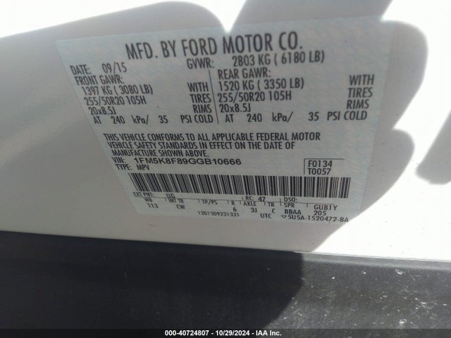 Ford Explorer Limited 2016 1FM5K8F89GGB10666 Image 9