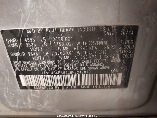 Subaru Outback 2.5i Limited 2015 4S4BSBJC8F3242819 Image 9