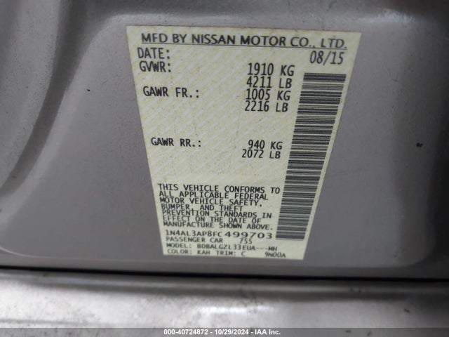 Nissan Altima 2.5 S 2015 1N4AL3AP8FC499703 Image 9
