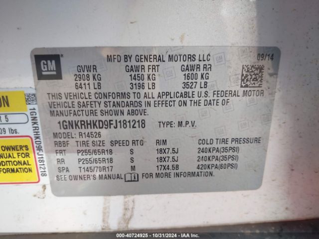 1GNKRHKD9FJ181218 Chevrolet Traverse 2lt