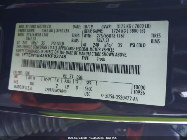 1FTEW1E43KKF03745 Ford F150 Supercrew
