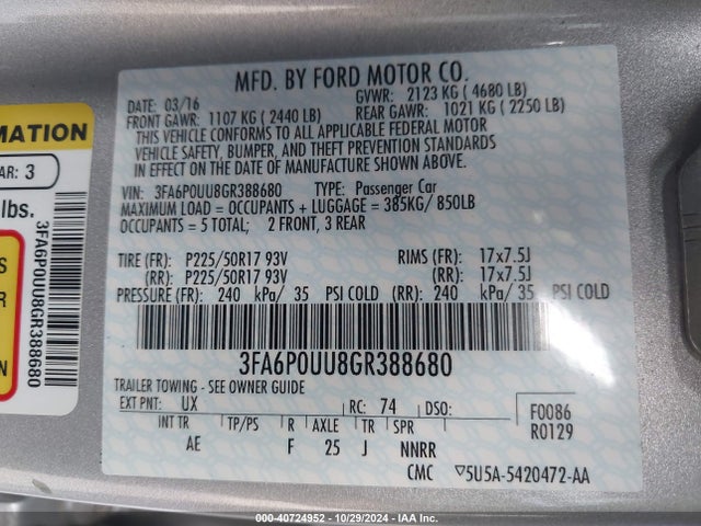 Ford Fusion Hybrid S 2016 3FA6P0UU8GR388680 Image 9