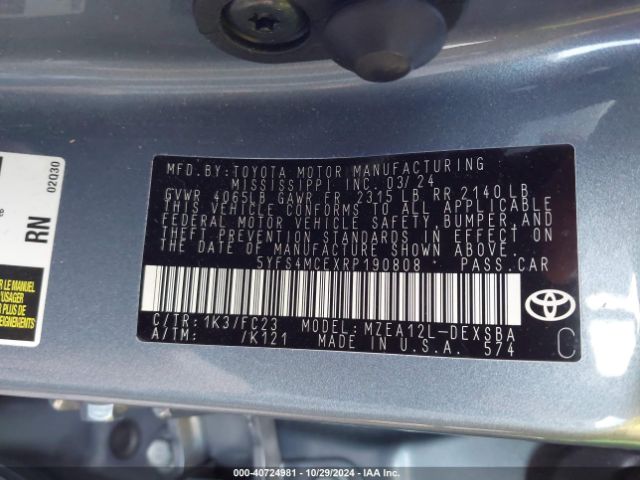 5YFS4MCEXRP190808 Toyota COROLLA SE