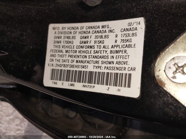 Honda Civic Lx 2014 2HGFB2F5XEH515451 Image 9