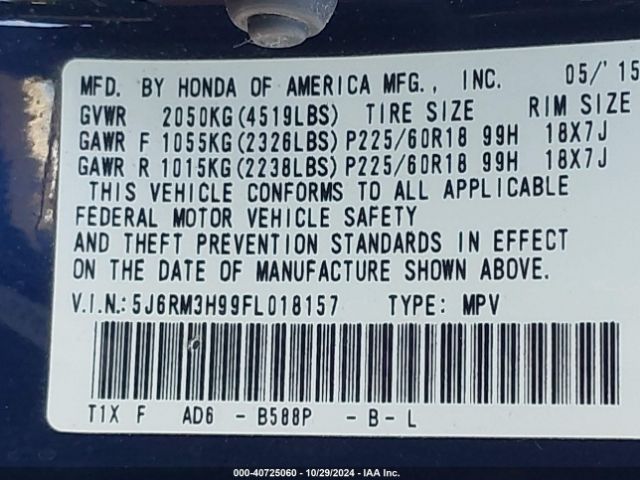 5J6RM3H99FL018157 Honda Cr-v Touring
